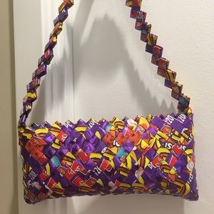 Handmade origami purse made from candy wrappers